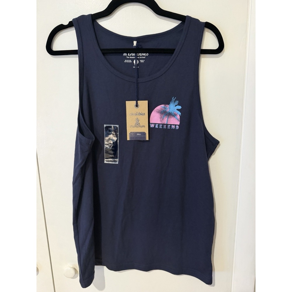 NWT Chubbies Men's Navy Blue Palm Tree Sun Tank Top Weekend Pink Graphic